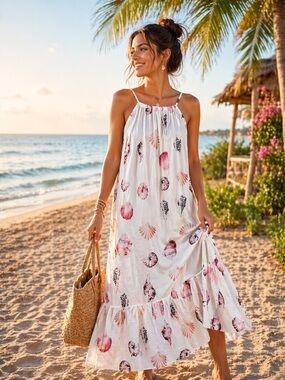 White Maxi Dress with Pink and Purple Seashell Print